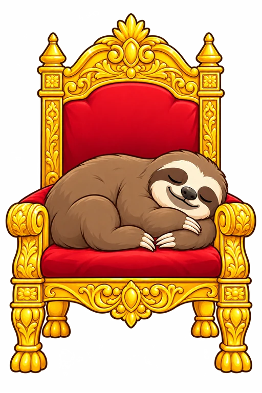 SlothiW sloth mascot sleeping on a golden throne